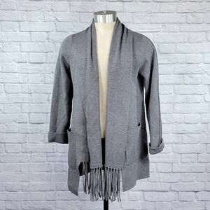 Women's Large Tahari Charcoal Gray Woven Knit Fringe Open Front Long Car…